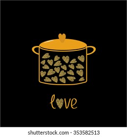 Pot with hearts. Love card.  Gold sparkles glitter texture Black background Vector illustration