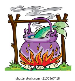 a pot is heated on a fire from which fish sticks out, boiled fish soup, cartoon illustration, isolated object on a white background, vector, eps