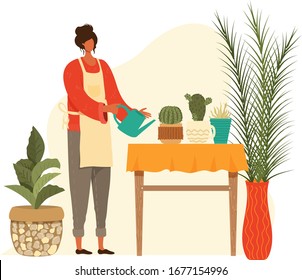 Pot home plants and woman planter gardening, urban cactus and cacti, palms collection isolated on white vector illustration. People living in city cultivating houseplants, growing greenery in pots.