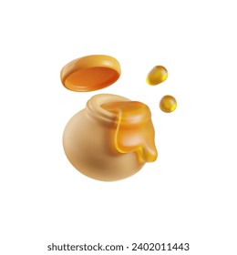 Pot with honey 3d icon, vector illustration isolated on white, volume render. Realistic colorful icon of cute open clay jar with a lid, honey splashes out. Rendering object with plastic effect