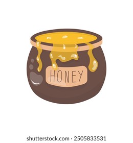 Pot of honey in cartoon style.  In cartoon style. In color. Greeting card and print pattern, for fabric textiles kids. Stock vector isolated illustration on white background.