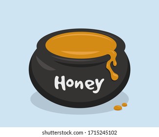 Pot of honey in cartoon style. Vector illustration flat design.
