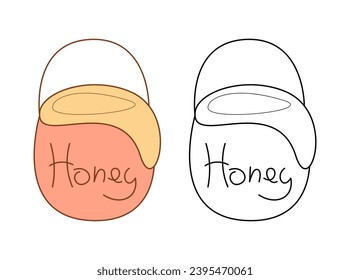 Pot with honey. Flat color and black and white vector illustration.
