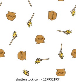 Pot of honey special spoon vector seamless pattern for wrapping, craft, textile, fabric
