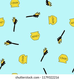 Pot of honey special spoon vector seamless pattern for wrapping, craft, textile, fabric