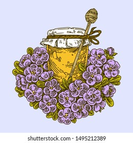 Pot of honey with spoon in flowers - heart. Color. Engraving style. Vector illustration.