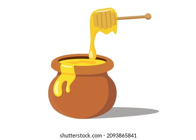 Pot of honey and stick in 3D style vector illustration for design and web isolated on white background. object for label and advertising, cartoon style, jar and dipper realistic