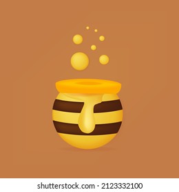 Pot Of Honey. Syrup Flows, Pure Nectar, Liquid Bee Honey From A Full Jar. A Golden, Sweet Liquid Drips From Under The Closed Lid. Banner Or Poster For Decoration. Apiary Product. Vector Illustration.