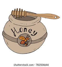 Pot of honey. Vector illustration of a clay pot for honey. Hand drawn ceramic pot for honey with the inscription "honey."