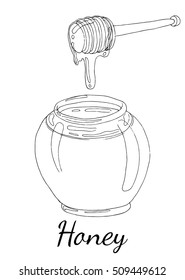 Pot of honey and wooden spoon. Hand drawn isolated illustration with the inscription