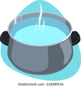 Pot with hot clear water and black handles. Isolated. On blue background.