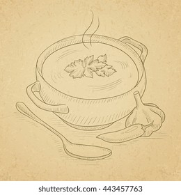 Pot of hot soup. Hand drawn on old paper vintage background. Vector sketch illustration.