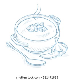 Pot of hot soup. Pot of hot soup with pepper, garlic, herbs and spoon hand drawn on white background. Soup with pepper, garlic and herbs vector illustration. Pot of hot soup sketch illustration.