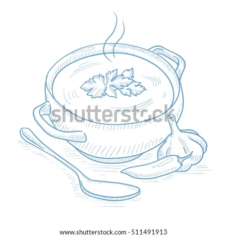 Pot of hot soup. Pot of hot soup with pepper, garlic, herbs and spoon hand drawn on white background. Soup with pepper, garlic and herbs vector illustration. Pot of hot soup sketch illustration.