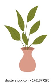 Pot mit Hauspflanze einzeln auf weißem Hintergrund. Vektorblüte dekorativer grüner Pflanzen mit langen Blättern in Keramiktopf. Indoor-Pflanzenkonzept für die heimische Vegetation. Icon für die Innenraumanlage