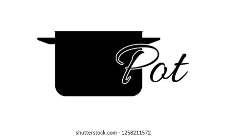 Pot icon. First letter on the background of graphics. Pot for stewing or cooking. Graphics for the website, culinary blog, restaurant, bar, online store, advertisement or banner.