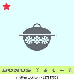 Pot icon flat. Grey pictogram on blue background. Vector illustration symbol and bonus buttons medal, cow, earth, eye, calculator