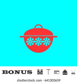 Pot icon flat. Red pictogram on blue background. Vector illustration symbol and bonus buttons Music center, corkscrew, credit card, house, drum