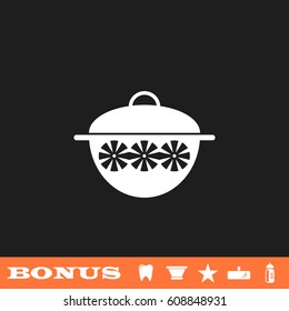 Pot icon flat. White pictogram on black background. Vector illustration symbol and bonus button tooth, vase, star, mirror, bottle