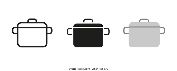 Pot icon. Kitchen saucepan with handles and lid vector illustration. Cooking utensil symbol for food preparation and boiling meals. Household equipment and culinary design pictogram.
