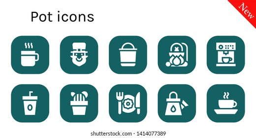 pot icon set. 10 filled pot icons.  Collection Of - Coffee, Leprechaun, Bucket, Cauldron, Coffee machine, Cactus, Breakfast, Watering can
