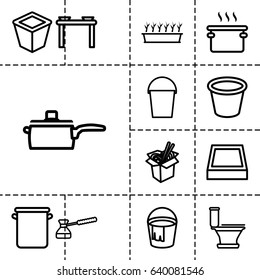 Pot icon. set of 13 outline poticons such as bucket, toilet, noodles fast food, pot for plants, pan, turk