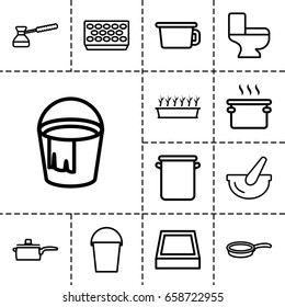 Pot icon. set of 13 outline poticons such as bucket, toilet, pot for plants, pan