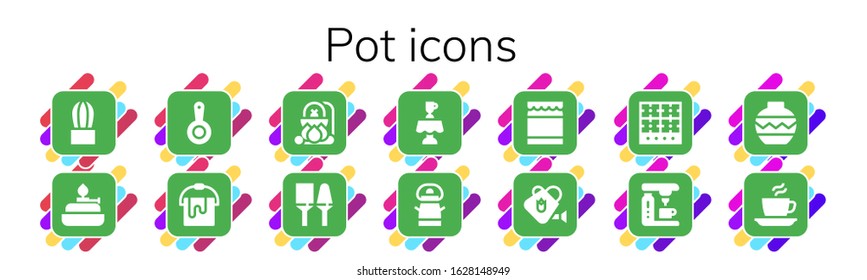 pot icon set. 14 filled pot icons.  Simple modern icons such as: Cactus, Burner, Pan, Bucket, Cauldron, Utensils, Latte, Honey, Watering can, Coffee machine, Vase, Coffee