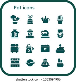 pot icon set. 16 filled pot icons.  Collection Of - Bonsai, Camping gas, Watering can, Cactus, Kettle, Coffee, Teapot, Leprechaun, Toaster, Saint Patrick, Burner, Kitchen, Soup