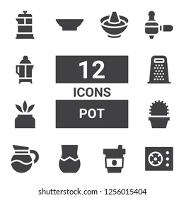 pot icon set. Collection of 12 filled pot icons included Cooker, Coffee, Vase, Cactus, Grater, Bowl, Coffee maker, French press, Hot pot