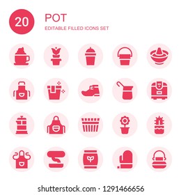 pot icon set. Collection of 20 filled pot icons included Coffee, Pot, Bucket, Hot Apron, Leprechaun shoe, Rice cooker, French press, Flower Cactus, Bonsai, Fertilizer