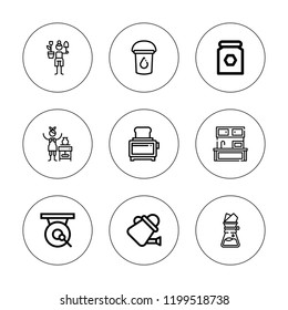 Pot icon set. collection of 9 outline pot icons with coffee, gong, gardening, honey, kitchen, pottery, toaster, watering can icons. editable icons.