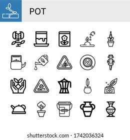 conjunto de iconos de la olla. Colección de Sprout, planta carnívora, artesanías, jardinería, planta, hervidor, lata de agua, grava suelta, café, irlandés, bache, cafetera, píldora, íconos de Inkwell