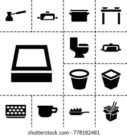 Pot icons. set of 13 editable filled pot icons such as pan, toilet, table with plates and pan, noodles fast food, pan-fry
