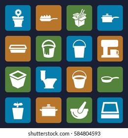 pot icons set. Set of 16 pot filled icons such as bucket, toilet, noodles fast food, pan, pan-fry