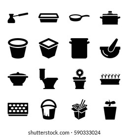 pot icons set. Set of 16 pot filled icons such as bucket, toilet, noodles fast food, pan