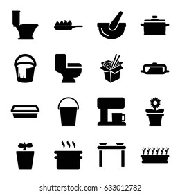 Pot icons set. set of 16 pot filled icons such as pan, bucket, toilet, noodles fast food, pan-fry, coffee machine