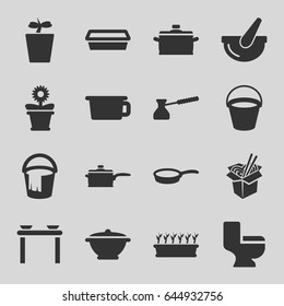Pot icons set. set of 16 pot filled icons such as bucket, toilet, noodles fast food, pan, turk