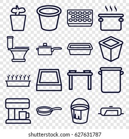 Pot icons set. set of 16 pot outline icons such as pan, bucket, toilet, coffee machine