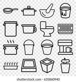 Pot icons set. set of 16 pot outline icons such as bucket, toilet, pan