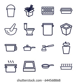 Pot icons set. set of 16 pot outline icons such as toilet, noodles fast food, bucket, pan