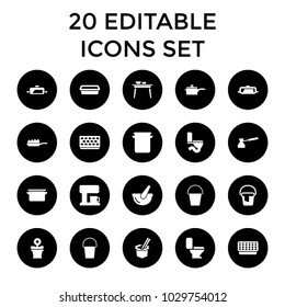 Pot icons. set of 20 editable filled pot icons such as pan, bucket, pan-fry, turk, coffee machine, toilet. best quality pot elements in trendy style.