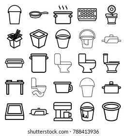 Pot icons. set of 25 editable outline pot icons such as pan, bucket, toilet, table with plates and pan, noodles fast food