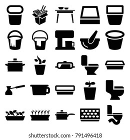Pot icons. set of 25 editable filled pot icons such as pan, bucket, toilet, noodles fast food, turk, coffee machine