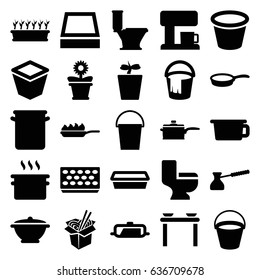 Pot icons set. set of 25 pot filled icons such as pan, bucket, toilet, noodles fast food, pan-fry, turk, coffee machine