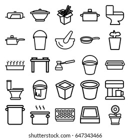 Pot icons set. set of 25 pot outline icons such as pan, bucket, toilet, noodles fast food, turk, coffee machine