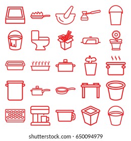 Pot icons set. set of 25 pot outline icons such as pan, bucket, toilet, noodles fast food, pan-fry, turk, coffee machine