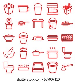 Pot icons set. set of 25 pot outline icons such as pan, bucket, toilet, noodles fast food, pan-fry, turk, coffee machine