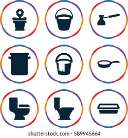 pot icons set. Set of 9 pot filled icons such as bucket, toilet, pan