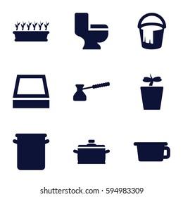 pot icons set. Set of 9 pot filled icons such as bucket, toilet, pan